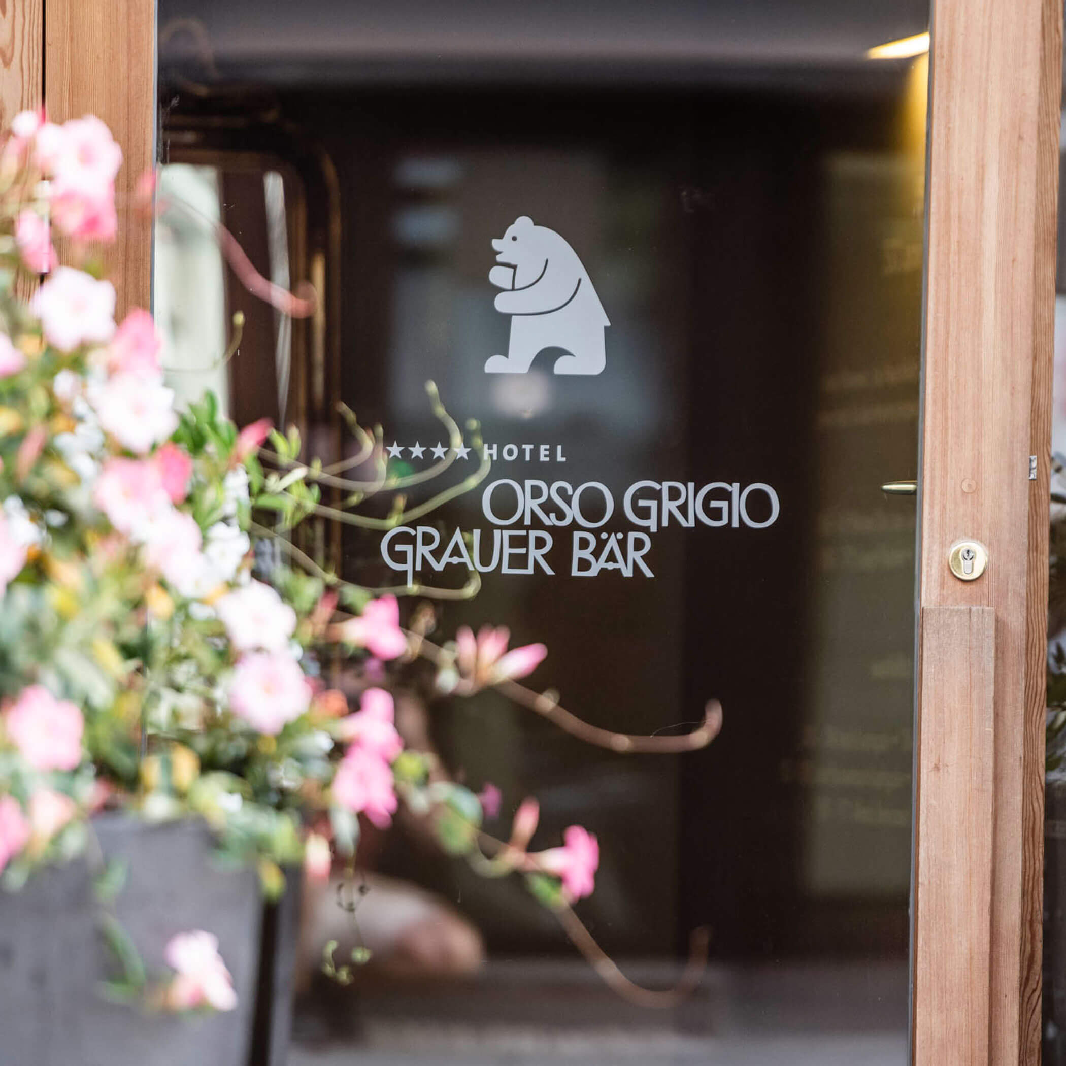 Glass door with a white bear logo and Orso Grigio Grauer Bär Hotel text, flowers in the foreground.