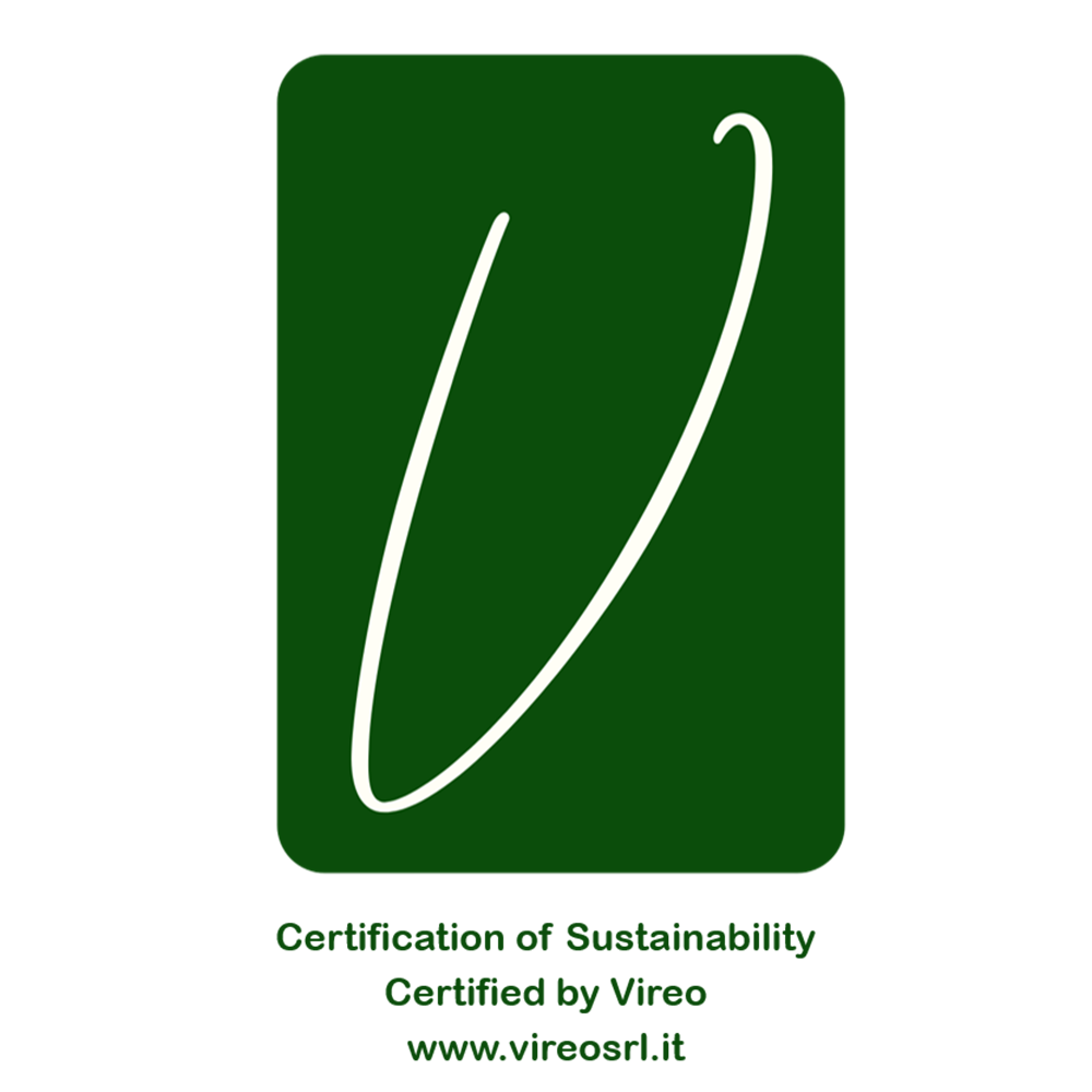 Green rectangle with a white V and text: Certification of Sustainability Certified by Vireo, www.vireosrl.it.